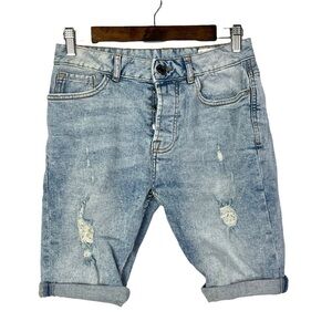 ASOS Denim CO Blue Distressed Knee Length Button Fly Slim Fit Denim Shorts 4